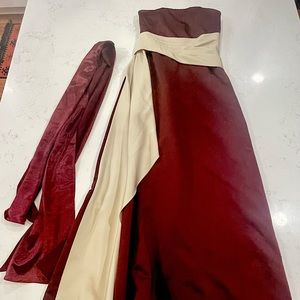 Prom long strapless burgundy and cream dress.